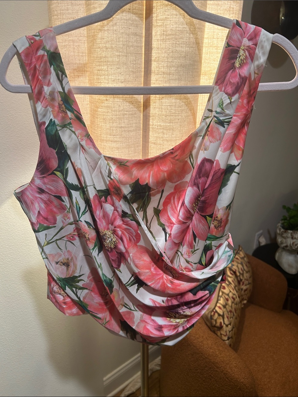 Express Floral Draped Camisole with Pink Blooms. Elastic back with drape